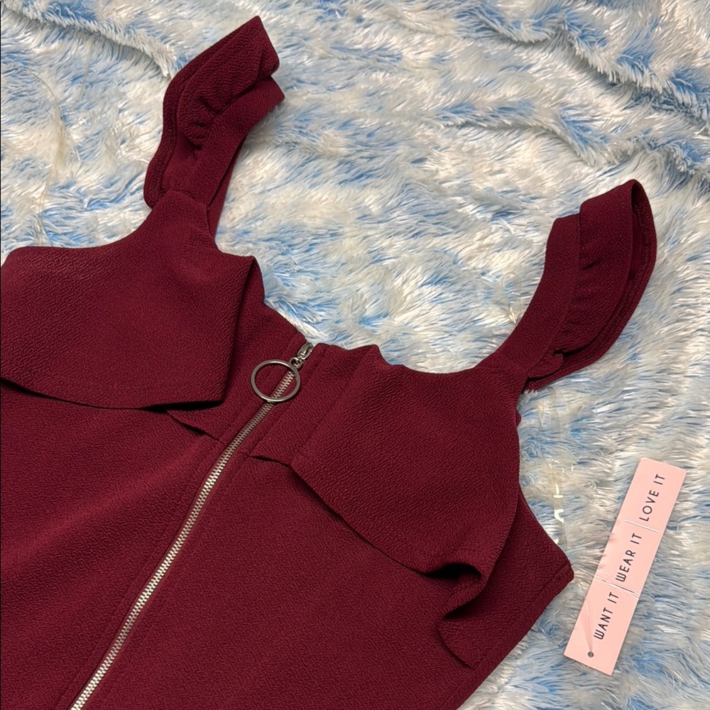 NWT Red Zippered front Mini Dress with Ruffle Straps